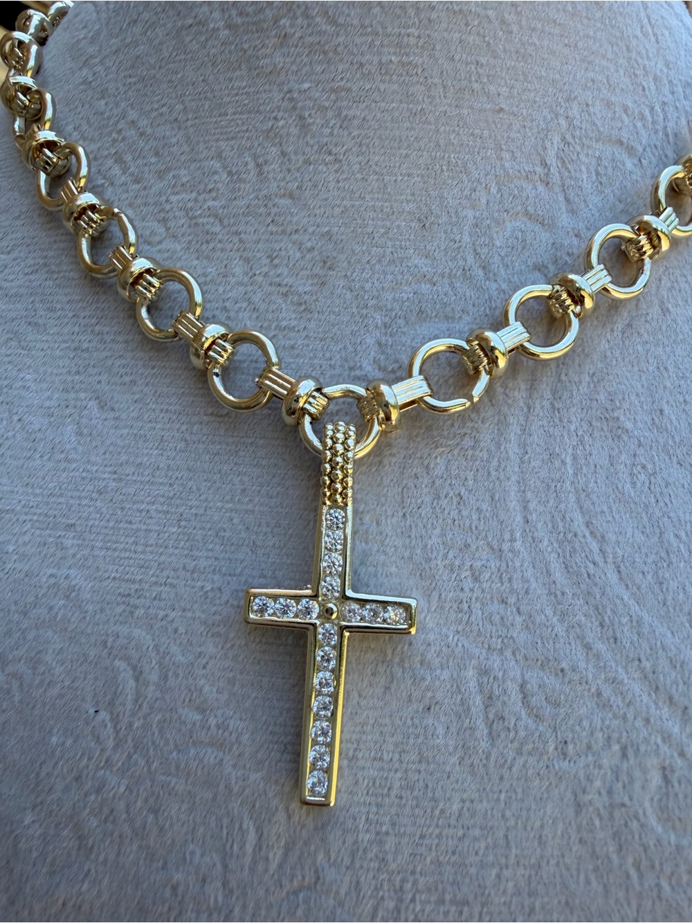 Gold Plated Gold-Tone Cubic Zirconia Cross on a Omega Link Necklace